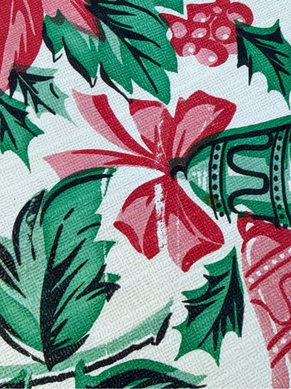 Vintage 1960s vinyl flannel back Christmas tablecloth rectangle 65x51” retro MCM